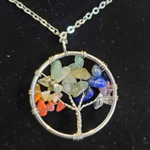 Chakra Tree of Life Necklace Wire Wrapped with Stone Chips- Silver - Picture 8 of 8